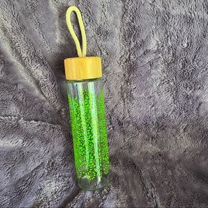 Glass Water Bottle with Wood Screw On Lid - Green Floral Design